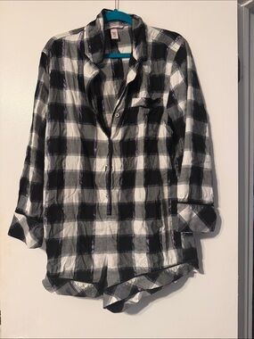 Victoria's Secret Black and White Plaid button up one piece shorts pajamas